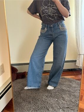 NWT H&M wide rhinestone-decorated jeans size 8 with Crystal Fringe Waist
